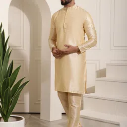SOJANYA Men Cream-Coloured Solid Kurta with Churidar & Nehru Jacket image 4
