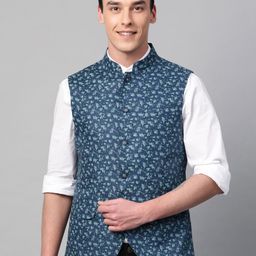 Blackberrys Men Navy Blue & Green Woven Design Linen Slim Fit Nehru Jacket-29