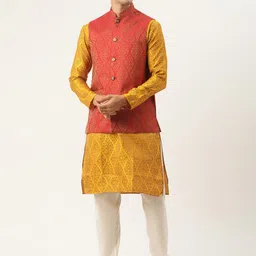 SOJANYA Men Mustard Ethnic Motifs Kurta with Churidar & Nehru Jacket-picture-16