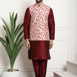 SOJANYA Men Maroon & Beige Solid Kurta with Churidar & Printed Nehru Jacket-3