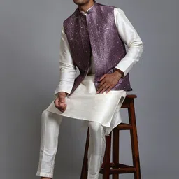 VASTRAMAY Mandarin Collar Regular Kurta with Trousers And Embellished Nehru Jacket-picture-15
