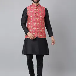 Hangup Men Black Pure Silk Kurta with Pyjamas and Nehru Jacket Set-picture-15