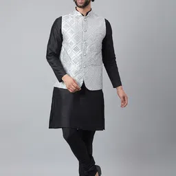 Hangup Men Black Pure Silk Kurta & Churidar With Mirror Work Nehru jacket Set-picture-6