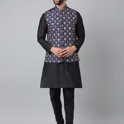 Hangup Men Solid Straight Pure Silk Kurta with Churidar & With Embroidered Nehru Jacket-6