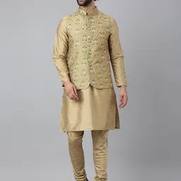 Hangup Men Khaki Thread Work Pure Silk Kurta Churidar with Nehru Jacket-picture-55