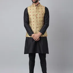 Hangup Men Black & Beige Pure Silk Kurta With Churidar & With Nehru Jacket-picture-28