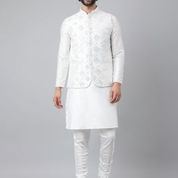 Hangup Men White Pure Silk Kurta & Churidar With Mirror Work Nehru jacket Set-picture-5