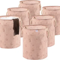 Polypropylene, Jute Pack of 6 Clothes/Storage Basket with Handles | GM-19-PNK | Rabbit Print - Pink Storage Basket-image-51