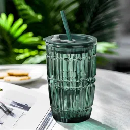 Diamond Cut Glass Sipper with Lid & Straw – Reusable Juice Coffee Glass Coffee Mug-image-21