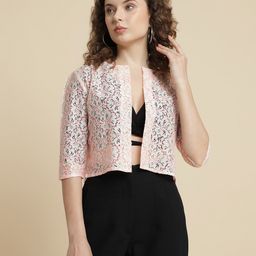 UnaOne Self Design Lace Open Front Crop Cotton Shrug-58