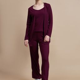 Roadster BURGUNDY Ribbed Self Design Pure Cotton Top With Trousers & Shrug-picture-5