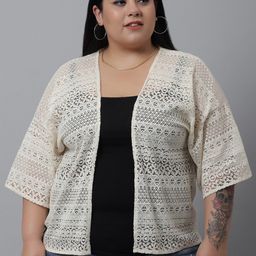 Rute Women Off White Self-Design Plus Size Cotton Shrug-18