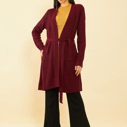 Soch Cable-Knit Self Design Ribbed Tie-Ups Detail Acrylic Longline Shrug-27