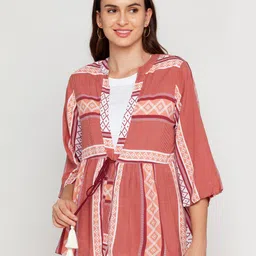 Zink London Women Red & White Printed Tie-Up Shrug-34