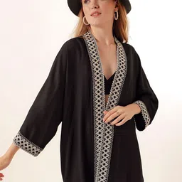 BIGDART Embroidered Open Front Long Sleeves Longline Shrug-19