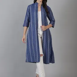 Enchanted Drapes Printed Mandarin Collar Open Front Pure Cotton Longline Shrug-14