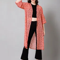 PURYS Floral Printed Longline Open Front Shrug-42