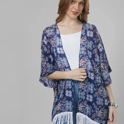 Style Quotient Women Printed Tasselled Longline Shrug-34