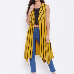 Hypernation Women Yellow & Black Cotton Striped Longline Shrug-32