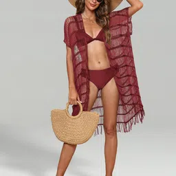 JC Collection Self Design Tasselled Longline Sheer Open Front Shrug image 5