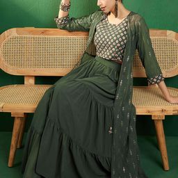 Sangria Green Embroidered Ethnic Top with Skirt & Shurg-image-62