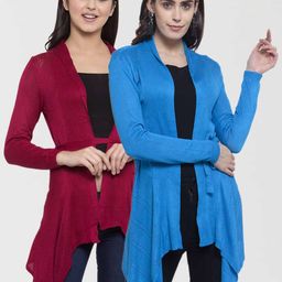KLOTTHE Women Set of 2 Blue & Maroon Self Design Shrugs-41