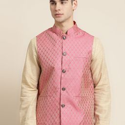 Sojanya Men Pink and Beige Woven Design Jacquard Silk Nehru Jacket-39