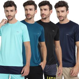 Pack of 4 Men Solid Round Neck Polyester Dark Blue, Light Blue, Blue, Black T-Shirt-image-83