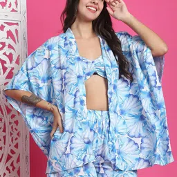 Claura Floral Printed V-Neck Sleeveless Top With Short & Robe-picture-38