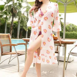 STREET 9 Red & White Floral Printed Swimwear Cover Up Top-picture-16