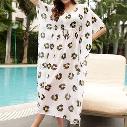 STREET 9 Black & White Floral Printed Kaftan Shaped Swimwear Cover up Top-image-44