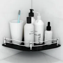 9 x 9 Inch Flower Black Glass Storage Corner Shelf, Kitchen Shelves (Pack of 1) Glass, Stainless Steel Wall Shelf-image-45