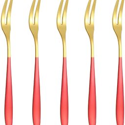 Portable Forks Tasting Cocktail Appetizer Forks Mini Party Travel (Red & Gold) Stainless Steel Fruit Fork, Salad Fork, Dessert Fork Set-24