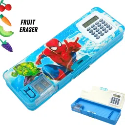 Cartoon Printed Boys character Dual Section Pencil Case for kids Boys Stationery Box with Sharpener & Calculator Magnetic Lock Geometry for Kids Art Plastic Pencil Box-6