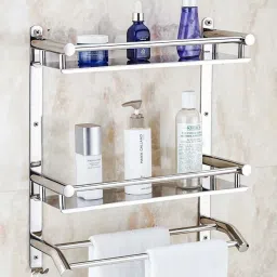 Stainless Steel Double Layer Shelf with Towel Road,Multipurpose Wall Mount Bath Shelf Organizer,Kitchen Shelf shelves/Bathroom Shelf and Rack/Bathroom Accessories Silver Towel Holder-picture-1