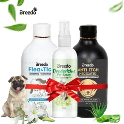 (Combo of 3) Dog Flea-Tick Shampoo + Anti-Itch Shampoo + Deodozine Spray Allergy Relief, Conditioning, Anti-fungal, Anti-microbial, Anti-itching, Anti-dandruff Natural Dog Shampoo-6
