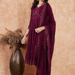 Sangria Magenta Vichitra Sequence Embroidery Cutwork Kurta Pant And Dupatta Embroidered Anarkali Kurta, Bottom & Dupatta Set image 2