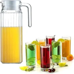 S1Store Juice, Water Jug Carafes And Pitchers Glass For Dinner Table Decoration Sophisticated Glass Water Jug With Lid, Crystal Jug Glass Set Of 7 (6 Glass 280ml, 1 Jug 1.1 Litter) Jug Glass Set-image-10