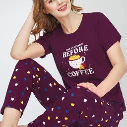 Women Top & Pyjama Set Purple Printed-image-18