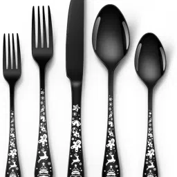 Matte Black Silverware Set | 5-Piece Flatware with Christmas Printed Handle Stainless Steel Cutlery Set-image-92