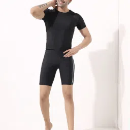 Compression Top Half Sleeve Plain Athletic Fitness & Other Outdoor Inner Wear Solid Men Black Swimsuit-48