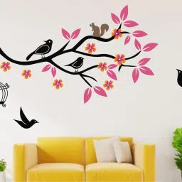 65 cm Birds On Tree Branch With pink Leaves And Birdcage Wall Sticker ( ideal size on wall: 120 cm x 65 cm ),Multicolour Self Adhesive Sticker-image-88