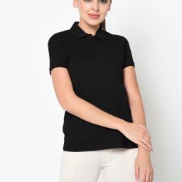 Solid Women Polo Neck Cotton Blend Black T-Shirt-image-81