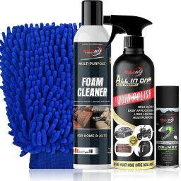 Combo of Chenille Microfiber Dual-Sided Car Duster Glove + Helmet Foam + Car & Bike Polish + Foam Cleaner Spray To Clean Car & Bike, Helmet Interior Vehicle Chain Oil-8
