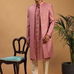 SHRESTHA BY VASTRAMAY Men Pink & Cream-Coloured Mirror Work Front Open Sherwani Set-picture-11