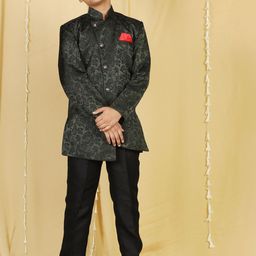 Aj DEZInES Boys Green & Black Embroidered Sherwani With Trouser-11