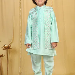 Aj DEZInES Boys Turquoise Blue Embroidered Kurta Set With Trouser & With Jacket-picture-28