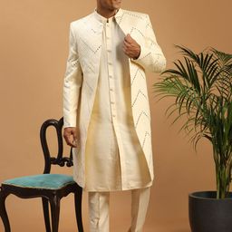 SHRESTHA BY VASTRAMAY Mirror Work Front Open Sherwani Over Viscose Kurta Pyjama Set image 5