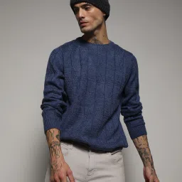 Men Solid Round Neck Blue Sweater-image-98