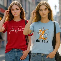 fabflee Pack of 2 Women Solid Round Neck Cotton Blend Multicolor T-Shirt-picture-26